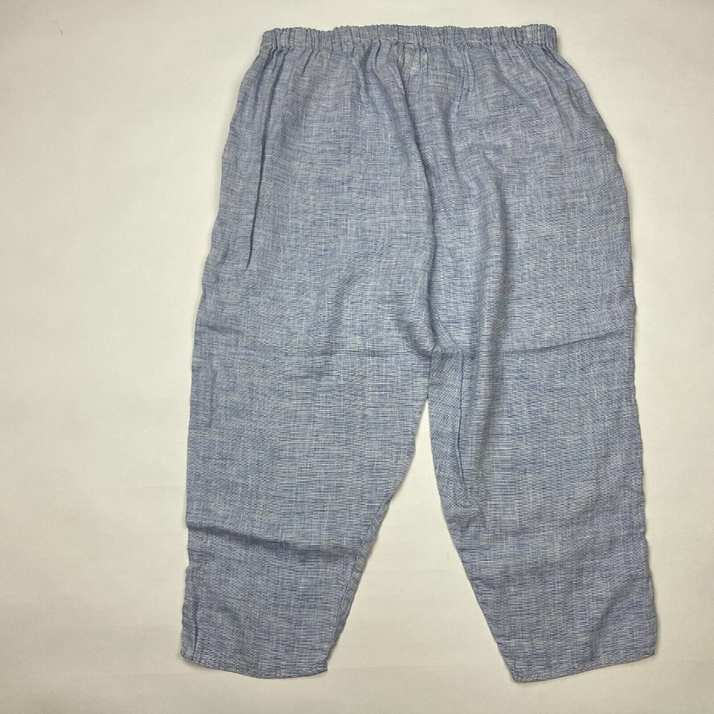 Flax Crop Linen Pants Lightweight Elastic Waist Pockets Tapered Leg Blue Women L
